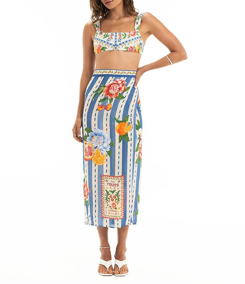 Agua Bendita Zinna Basket Placement Print Wrap Pareo Swim Cover-Up