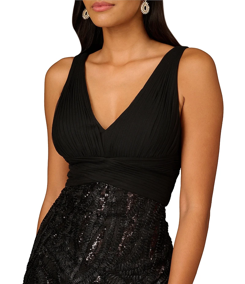 Aidan Mattox 3D Embroidered Mesh V-Neck Sleeveless Dress