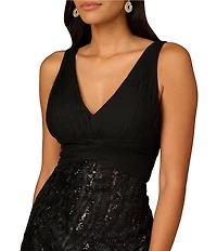 Aidan Mattox 3D Embroidered Mesh V-Neck Sleeveless Dress