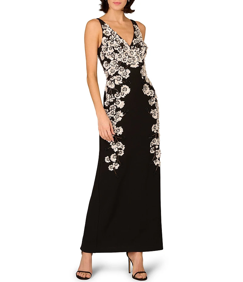 Aidan Mattox Beaded Crepe V Neck long Dress