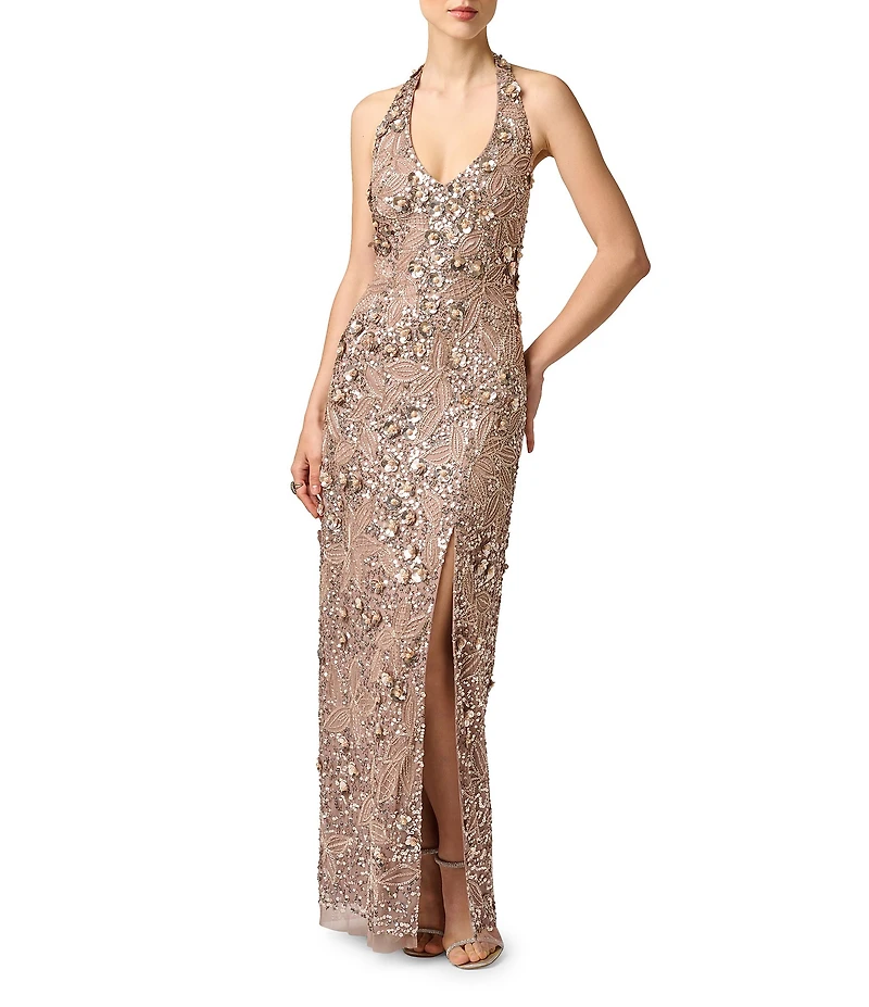 Aidan Mattox Beaded Halter Long Dress