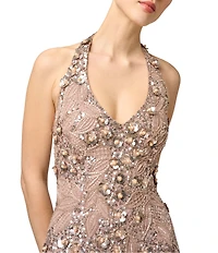 Aidan Mattox Beaded Halter Long Dress