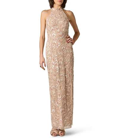 Aidan Mattox Beaded Halter Sleeveless Long Dress