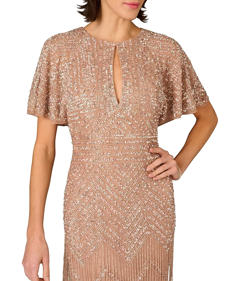 Aidan Mattox Beaded Mesh Cape Sleeves Front Keyhole Long Dress
