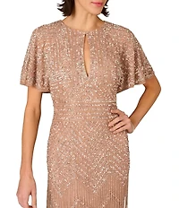 Aidan Mattox Beaded Mesh Cape Sleeves Front Keyhole Long Dress