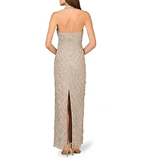 Aidan Mattox Beaded Mesh Halter Neck Sleeveless Column Dress