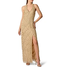 Aidan Mattox Beaded Mesh Halter Neck Sleeveless Long Sheath Dress