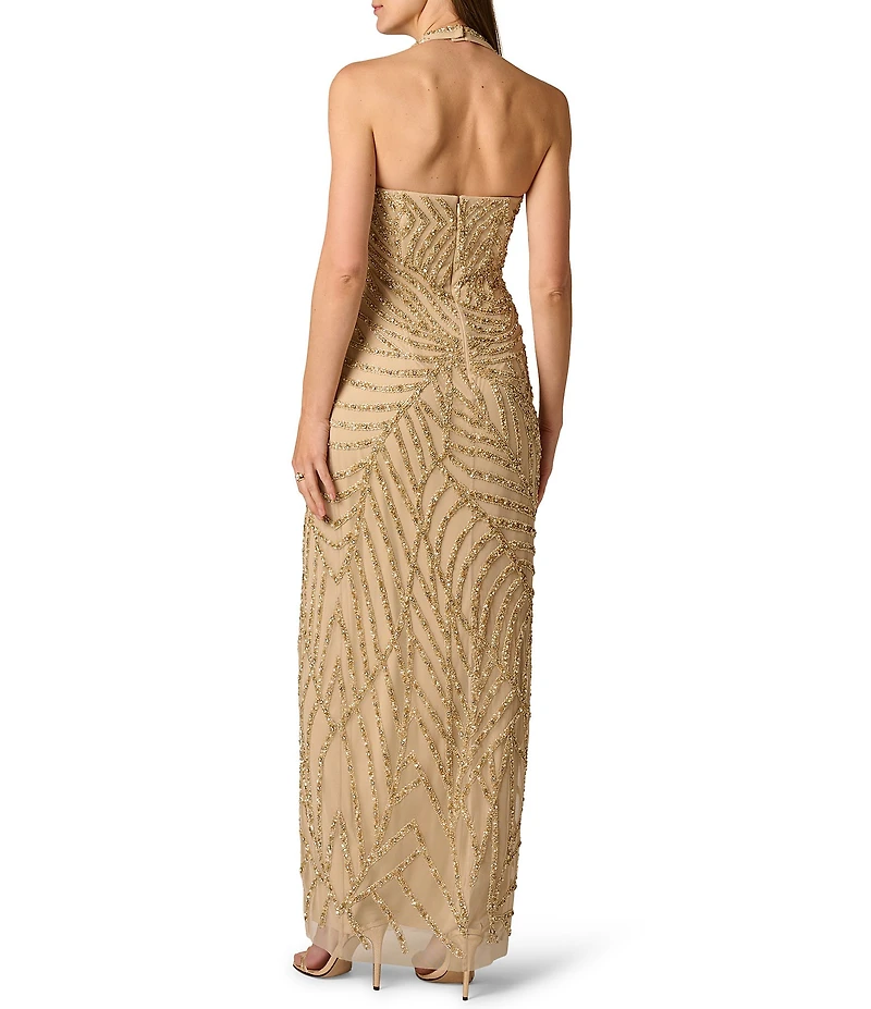 Aidan Mattox Beaded Mesh Halter Neck Sleeveless Long Sheath Dress