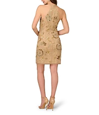 Aidan Mattox Beaded Mesh High Neck Racerback Sheath Dress