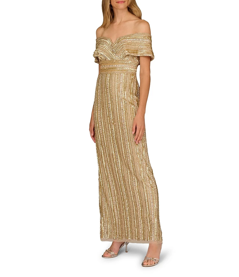 Aidan Mattox Beaded Mesh Off-The-Shoulder Back Slit Long Dress