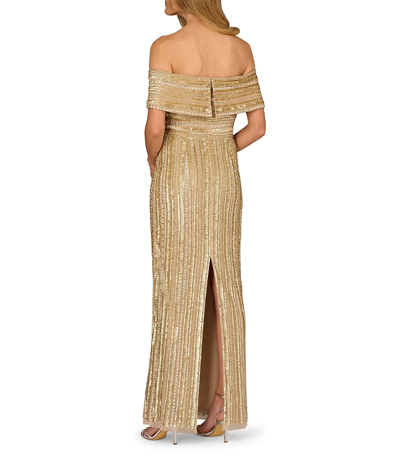 Aidan Mattox Beaded Mesh Off-The-Shoulder Back Slit Long Dress
