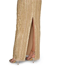 Aidan Mattox Beaded Mesh Off-The-Shoulder Back Slit Long Dress