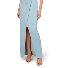 Aidan Mattox Beaded Mesh Off-The-Shoulder Cap Sleeve Satin Column Dress
