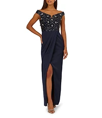 Aidan Mattox Beaded Mesh Off-The-Shoulder Cap Sleeve Satin Column Dress