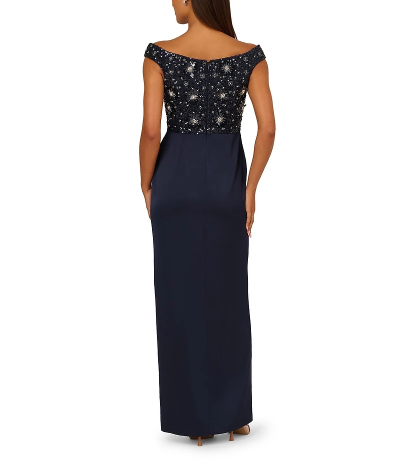 Aidan Mattox Beaded Mesh Off-The-Shoulder Cap Sleeve Satin Column Dress