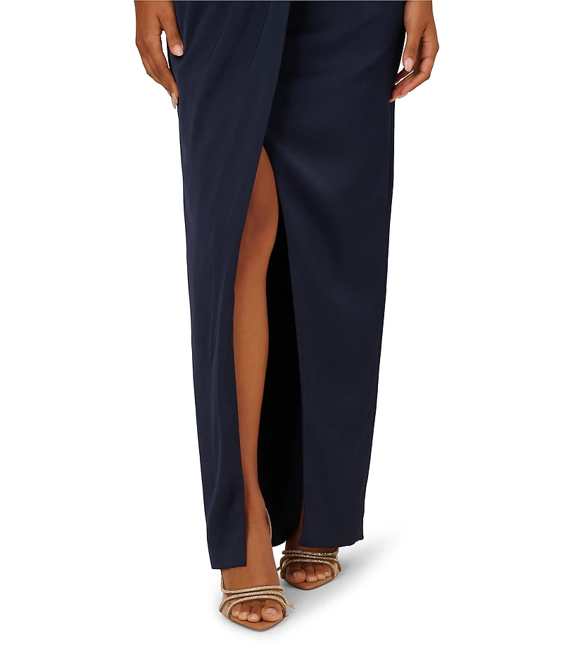 Aidan Mattox Beaded Mesh Off-The-Shoulder Cap Sleeve Satin Column Dress