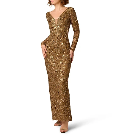 Aidan Mattox Beaded Mesh V-Neck Long Sleeve Long Sheath Dress
