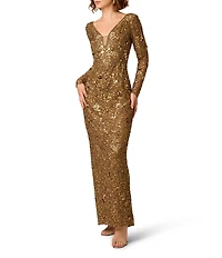 Aidan Mattox Beaded Mesh V-Neck Long Sleeve Long Sheath Dress