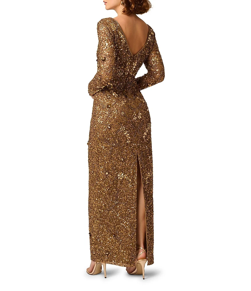 Aidan Mattox Beaded Mesh V-Neck Long Sleeve Long Sheath Dress