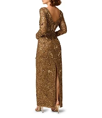 Aidan Mattox Beaded Mesh V-Neck Long Sleeve Long Sheath Dress