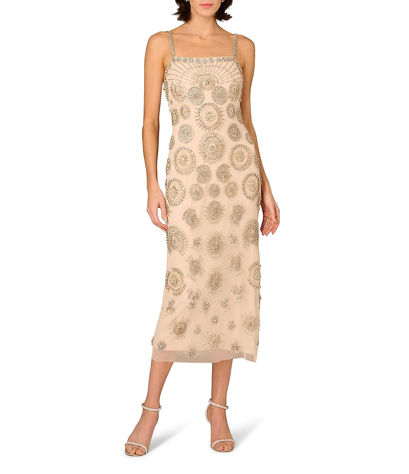 Aidan Mattox Beaded Sleeveless Midi Sheath Dress
