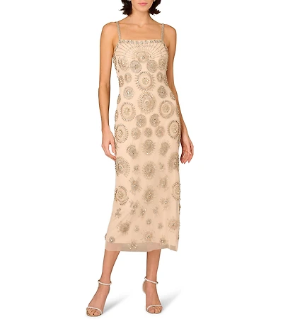 Aidan Mattox Beaded Sleeveless Midi Sheath Dress