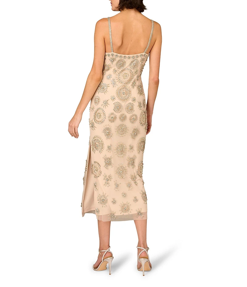 Aidan Mattox Beaded Sleeveless Midi Sheath Dress