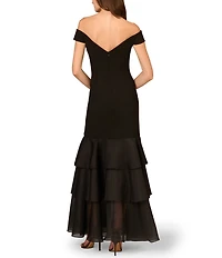 Aidan Mattox Bonded Crepe Off The Shoulder Neck Cap Sleeve Ruffle Tiered Organza Sheath Dress