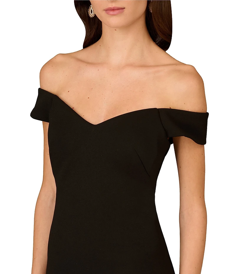 Aidan Mattox Bonded Crepe Off The Shoulder Neck Cap Sleeve Ruffle Tiered Organza Sheath Dress