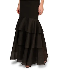 Aidan Mattox Bonded Crepe Off The Shoulder Neck Cap Sleeve Ruffle Tiered Organza Sheath Dress