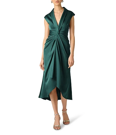 Aidan Mattox Cap Sleeve V-Neck Satin Midi Dress
