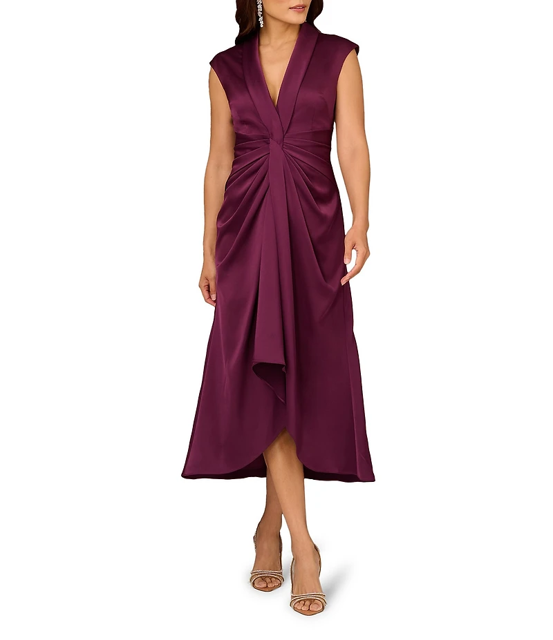 Aidan Mattox Cap Sleeve V-Neck Satin Midi Dress