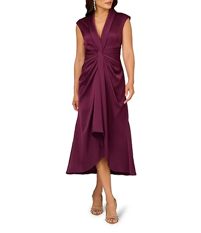 Aidan Mattox Cap Sleeve V-Neck Satin Midi Dress