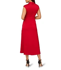 Aidan Mattox Cap Sleeve V-Neck Satin Midi Dress