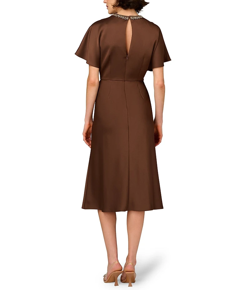Aidan Mattox Crepe Back Satin Beaded Crew Neck Dolman Sleeves Sheath Midi Dress