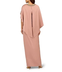 Aidan Mattox Crepe Back Satin Cape Beaded Neck Applique Dress