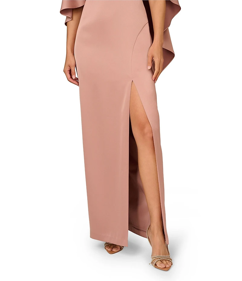 Aidan Mattox Crepe Back Satin Cape Beaded Neck Applique Dress