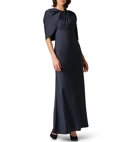 Aidan Mattox Crepe Back Satin Cape Sleeves Long Dress