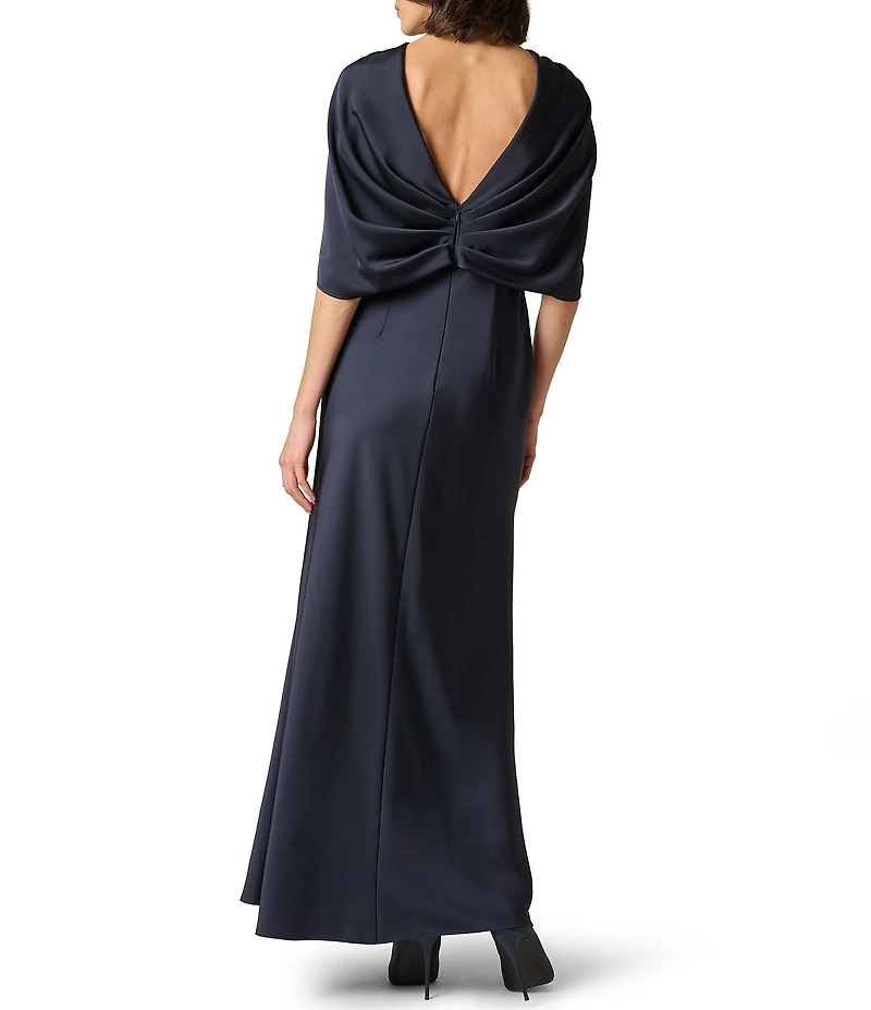 Aidan Mattox Crepe Back Satin Cape Sleeves Long Dress
