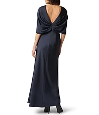 Aidan Mattox Crepe Back Satin Cape Sleeves Long Dress