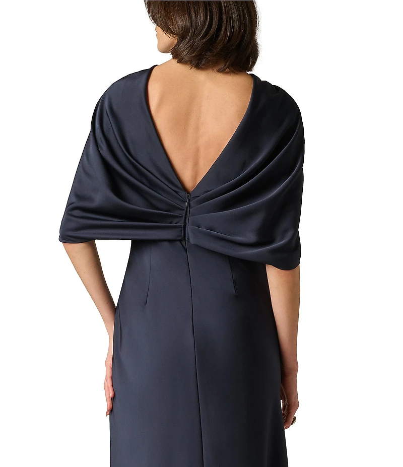 Aidan Mattox Crepe Back Satin Cape Sleeves Long Dress
