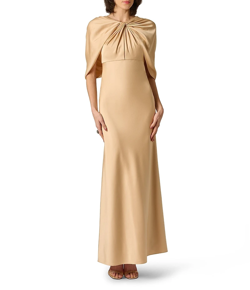 Aidan Mattox Crepe Back Satin Cape Sleeves Long Dress