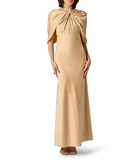 Aidan Mattox Crepe Back Satin Cape Sleeves Long Dress