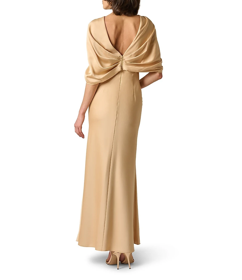 Aidan Mattox Crepe Back Satin Cape Sleeves Long Dress