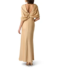 Aidan Mattox Crepe Back Satin Cape Sleeves Long Dress