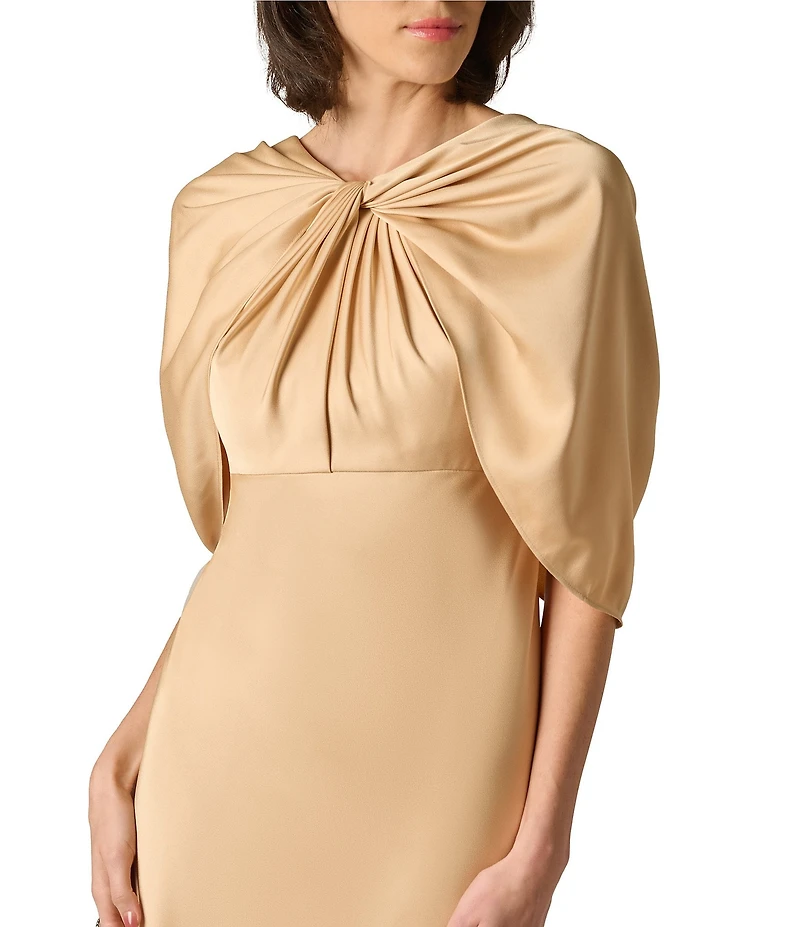 Aidan Mattox Crepe Back Satin Cape Sleeves Long Dress