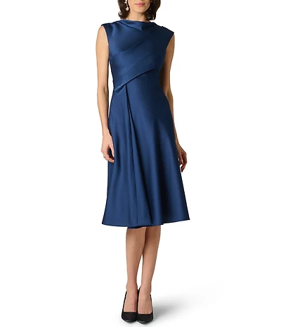 Aidan Mattox Crepe Back Satin Mock Neck Sleeveless Sheath Midi Dress