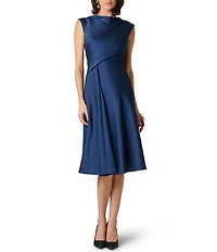 Aidan Mattox Crepe Back Satin Mock Neck Sleeveless Sheath Midi Dress
