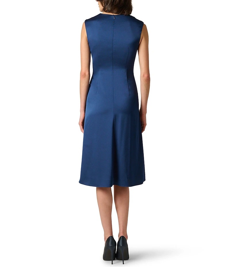 Aidan Mattox Crepe Back Satin Mock Neck Sleeveless Sheath Midi Dress