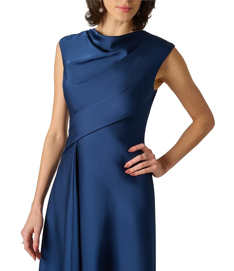 Aidan Mattox Crepe Back Satin Mock Neck Sleeveless Sheath Midi Dress